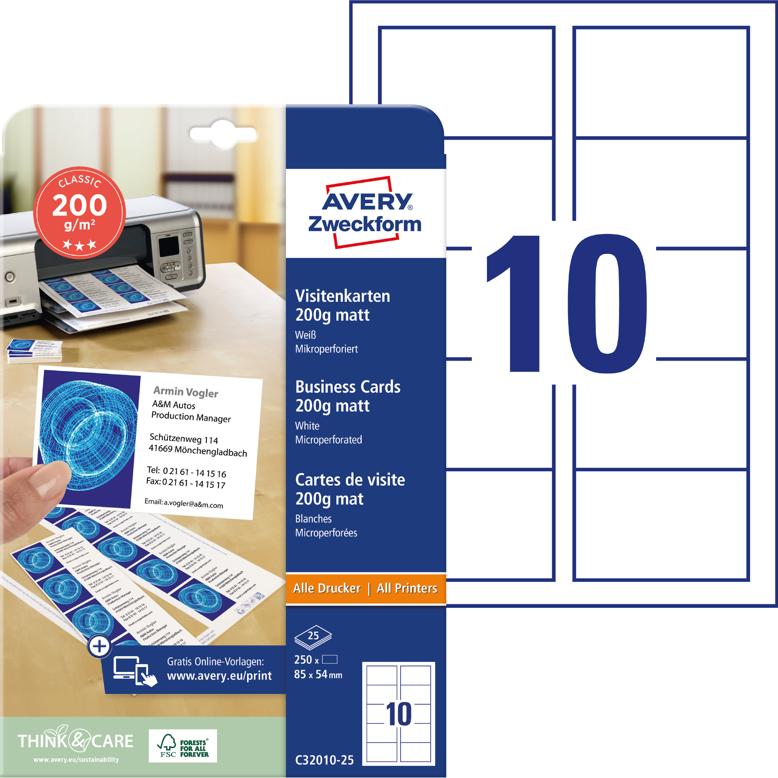 Visitenkarten Avery Zweckform C32010-25 weiß 185g 250 Stück