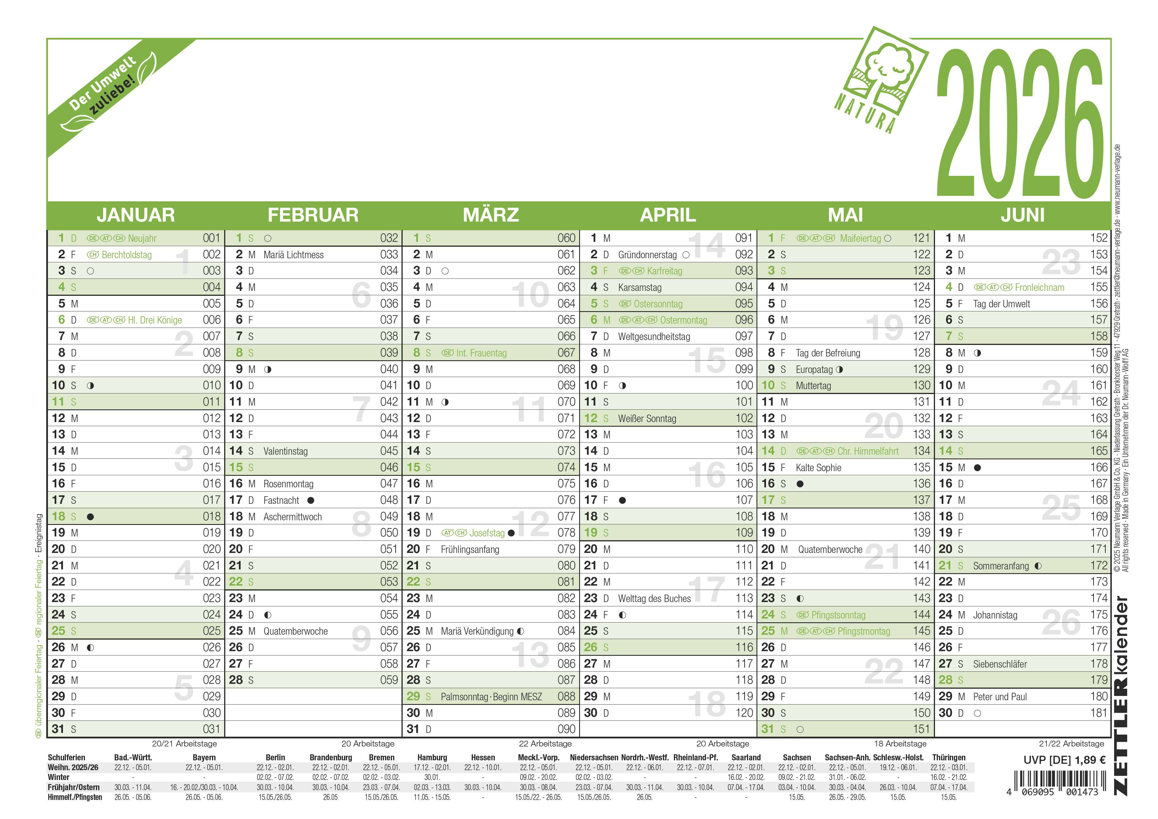 Tafelkalender Zettler 907-0700 A4 UWS 6m/1s, Blauer Engel, Recyclingkarton