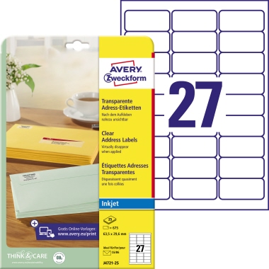 Etikett Zweckf. J4721-25 63,5x29,6mm Inkjet-, Polyester, Transparent