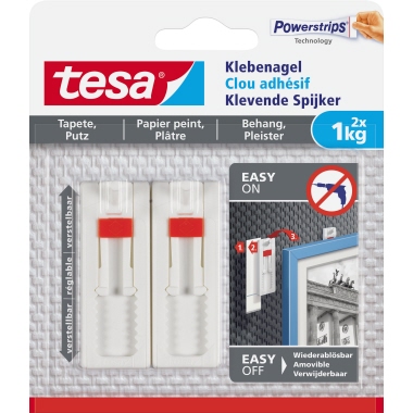 Klebenagel Tesa 77774 weiß verstellbar Inhalt: 2 Klebenägel, 3 Streifen je 1Kg