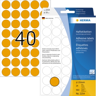 Etikett HERMA 2254 Ø-19mm leuchtorange Markierungspunkte 960 St.