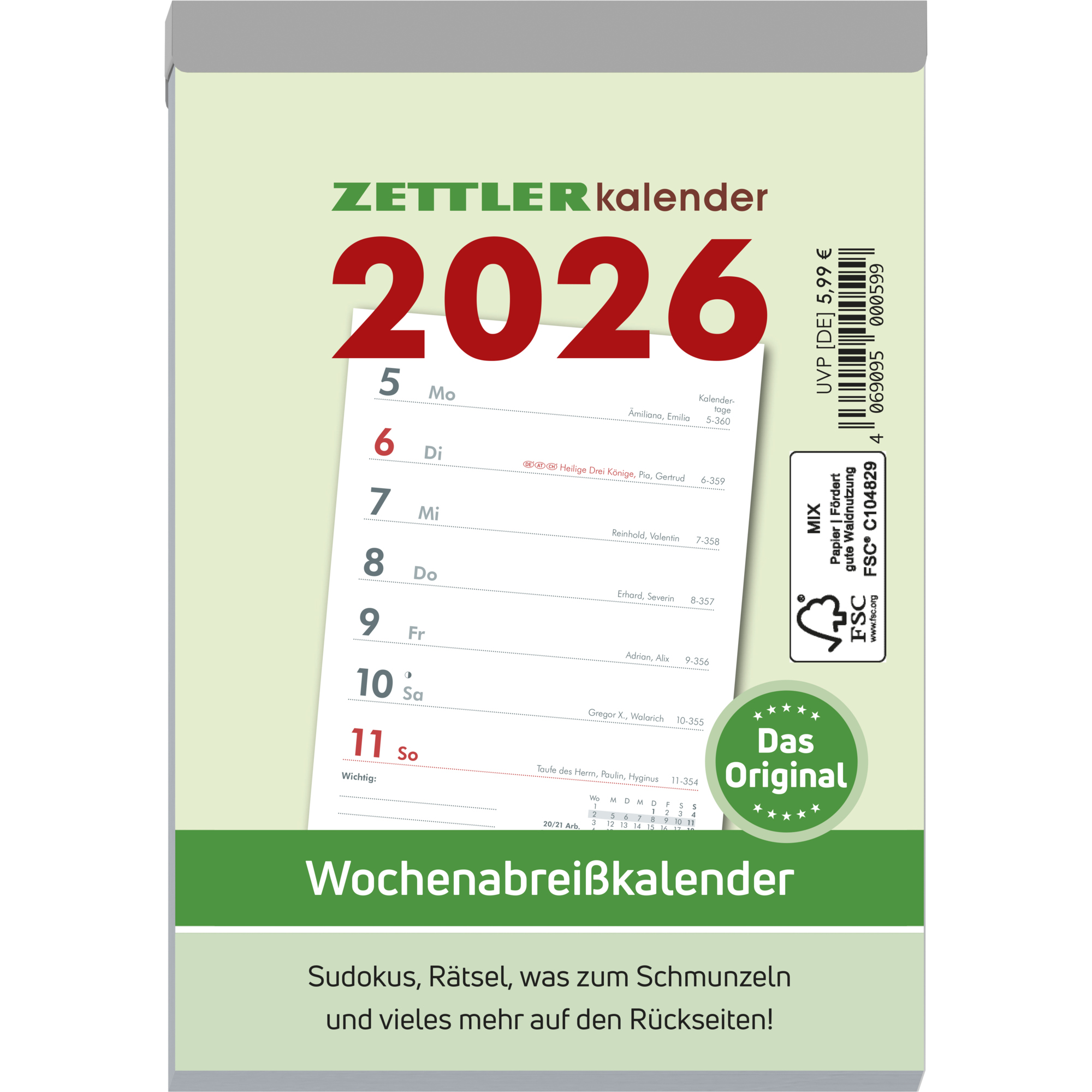 Abreisskalender Zettler 325-0000 1W/1S 10,5x15cm, Sonn-und Feiertage Hervorgeh