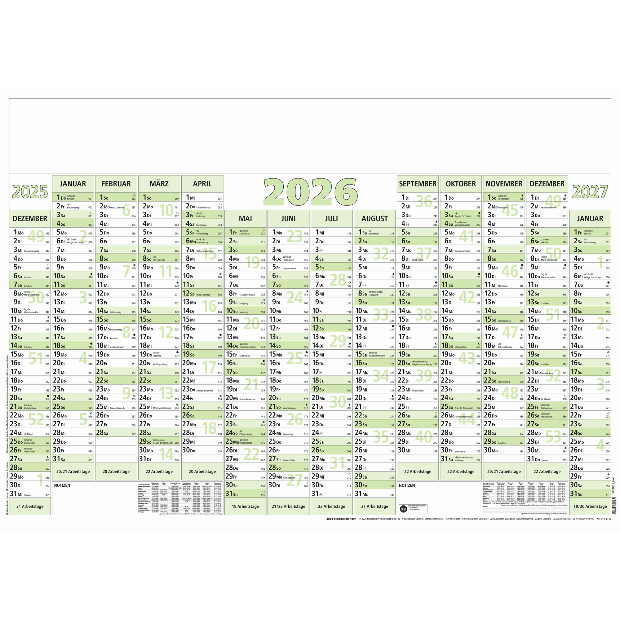 Plakatkalender Zettler 919-0713 88x63cm 12m/1s, Sonn-und Feiertage Hervorgehobe