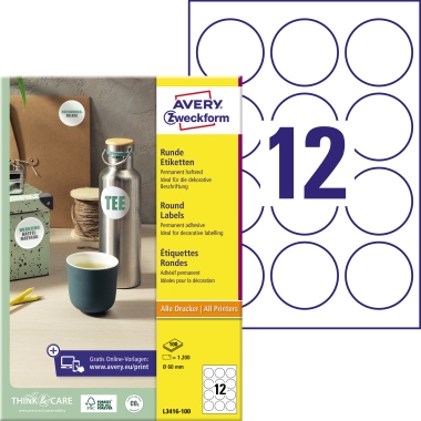 Etikett Avery Zweckform L3416-100 Ø-60mm weiß 1.200 St.