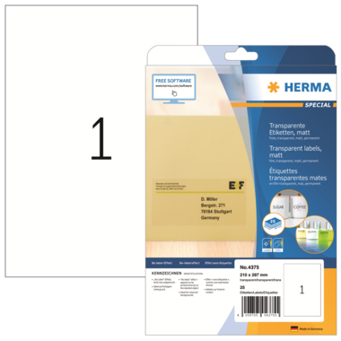 Etikett Herma 4375 210x297mm transpmatt Inkjet-, Laser- U. Kopier-folien