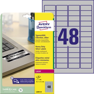 Etikett Avery Zweckform L6009-20 45,7x21,2mm silber 960 St.