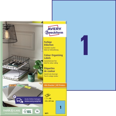 Etikett Avery Zweckform 3471 210x297mm blau 100 St.