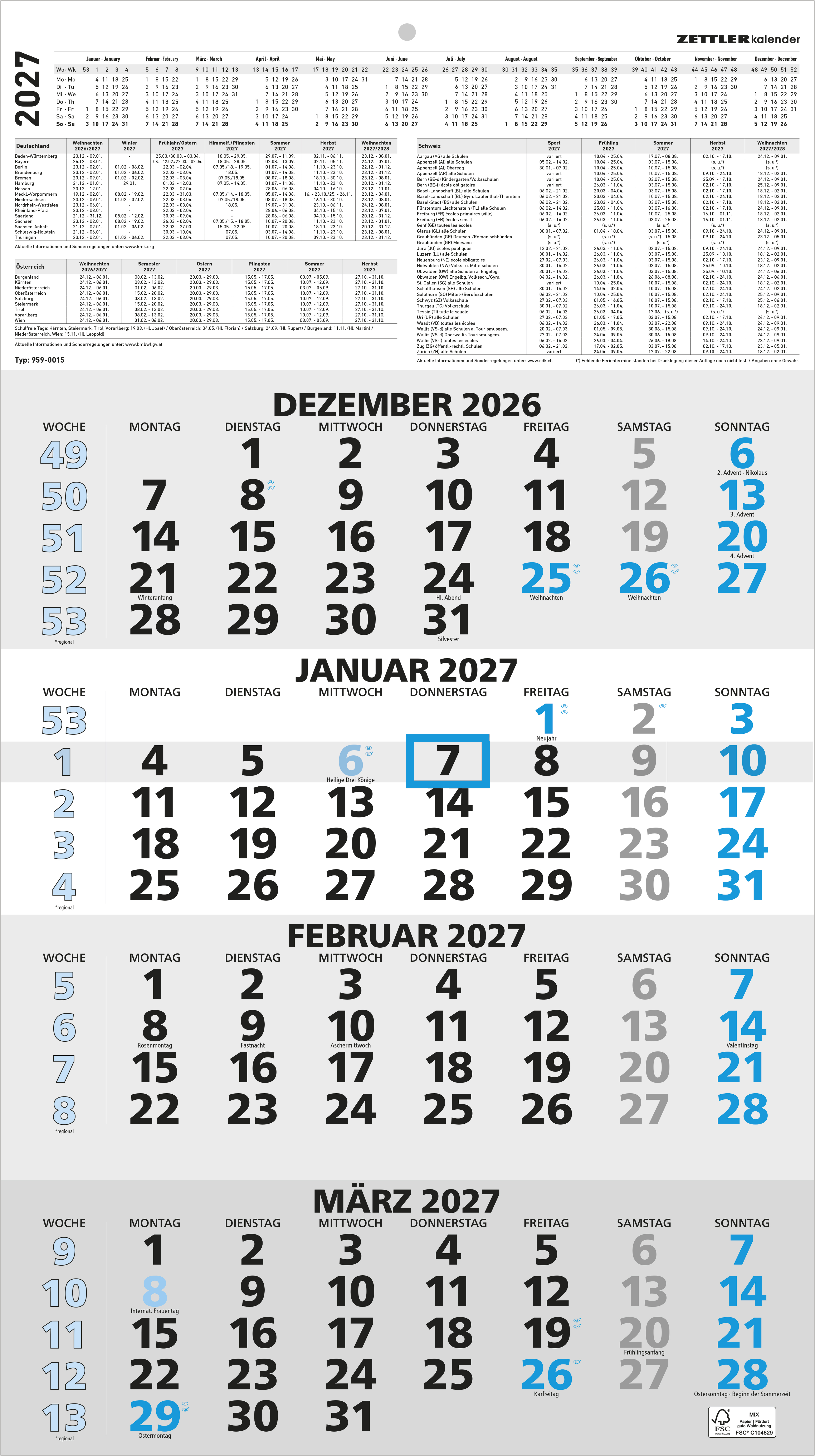 Viermonatskalender Zettler 959-0015 