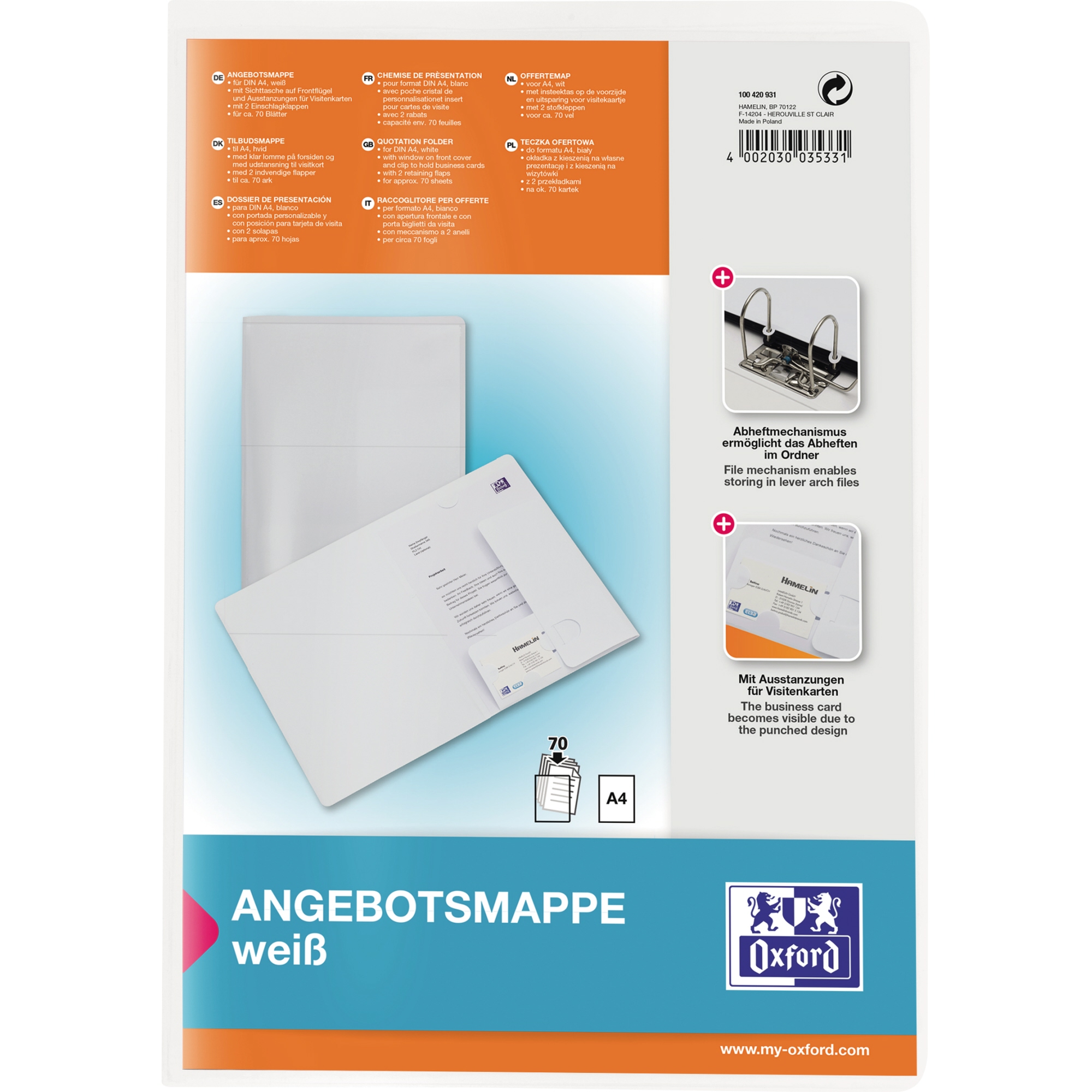 Angebotsmappe Elba 100420931 weiß f.50 A4 Blätter 22,5x31,5cm