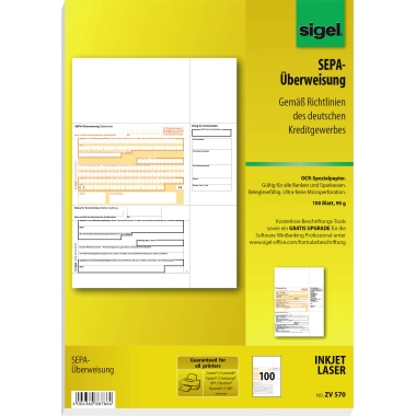 Überweisung PC SEPA Sigel ZV570 A4, Ocr Spezialpapier, Beleglesefähig, 1