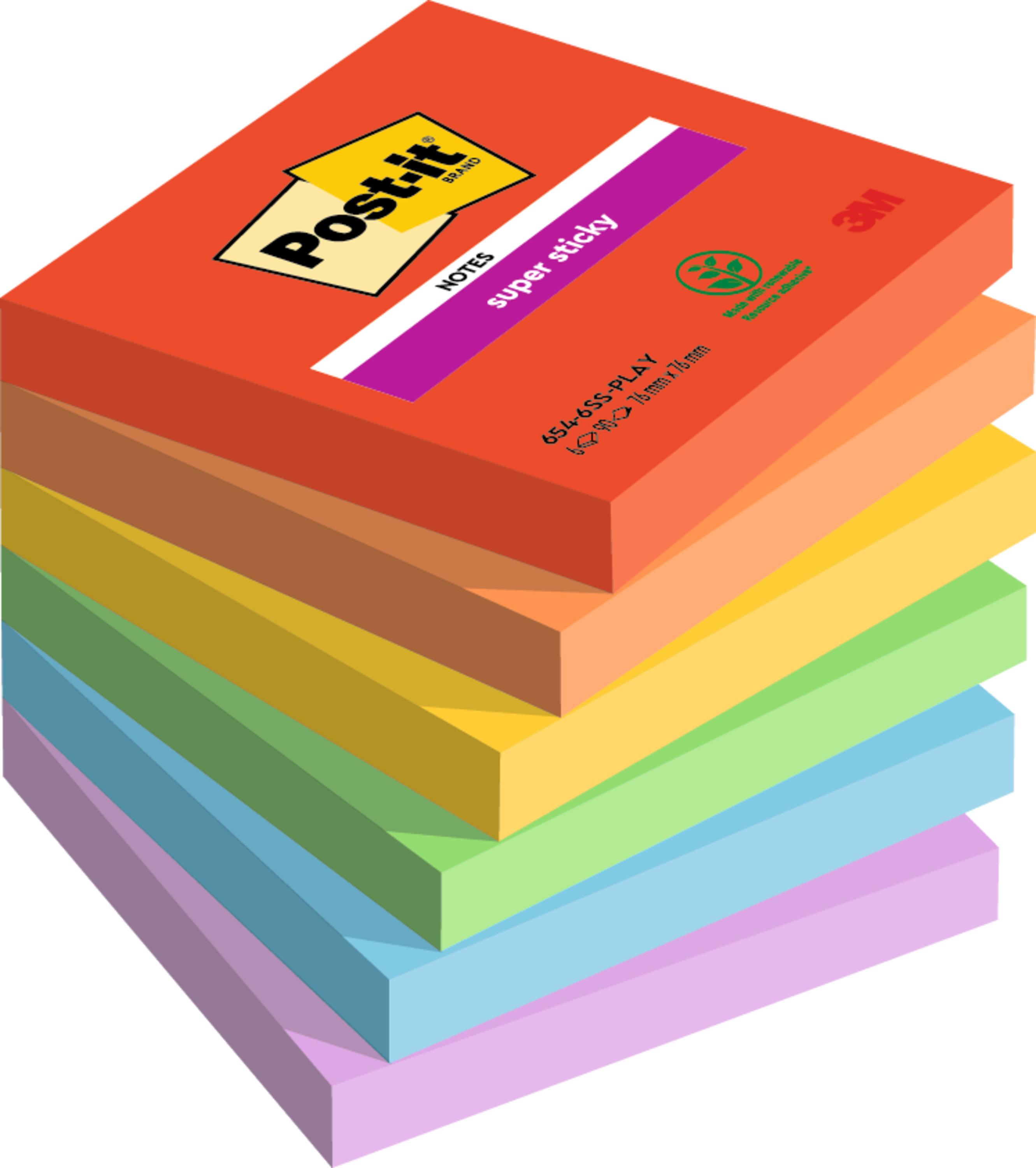 Haftnotiz Post-It 654-6SS 76x76mm Gelb, Blau, Grün, pink, orange