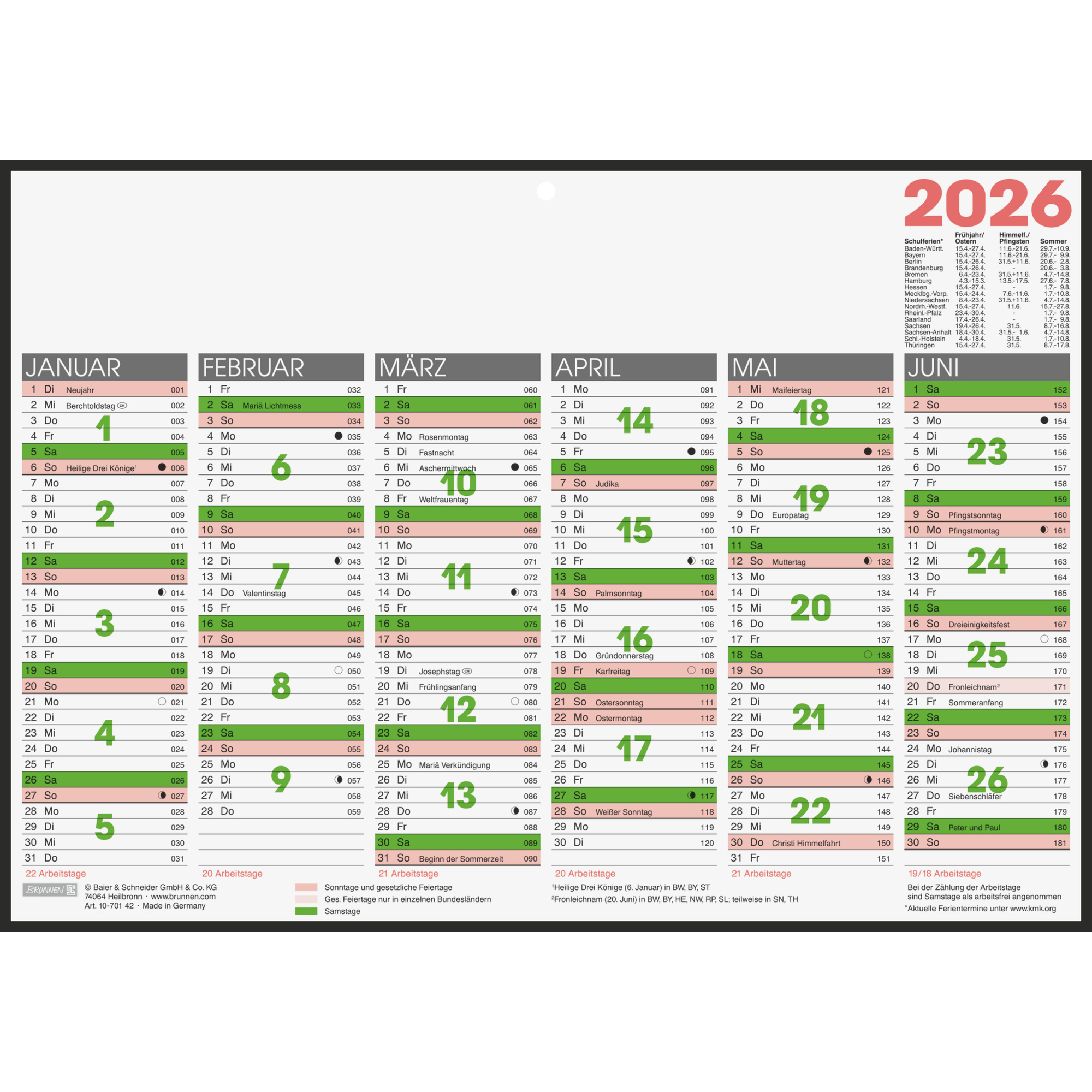 Tafelkalender 1070142 A4 pappekaschiert 1s/6m, Mit Tageszählung Und Ferientermi