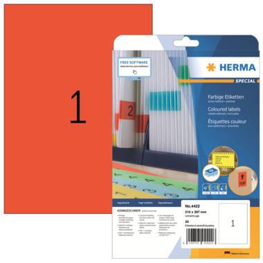 Etikett Herma 4422 210x297mm rot Inkjet-, Laser- U. Kopier
