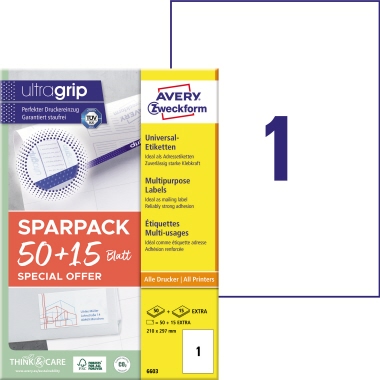 Etikett Avery Zweckform 6603 210x297mm weiß 65 St.