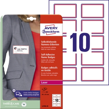 Etikett Avery Zweckform L4786-20 80x50mm Textil Acetatseide, Rahmen rot 200 St. 