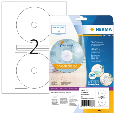 Etikett CD Herma 5115 116mm weiß Inkjet-, Laser- U. Kopier