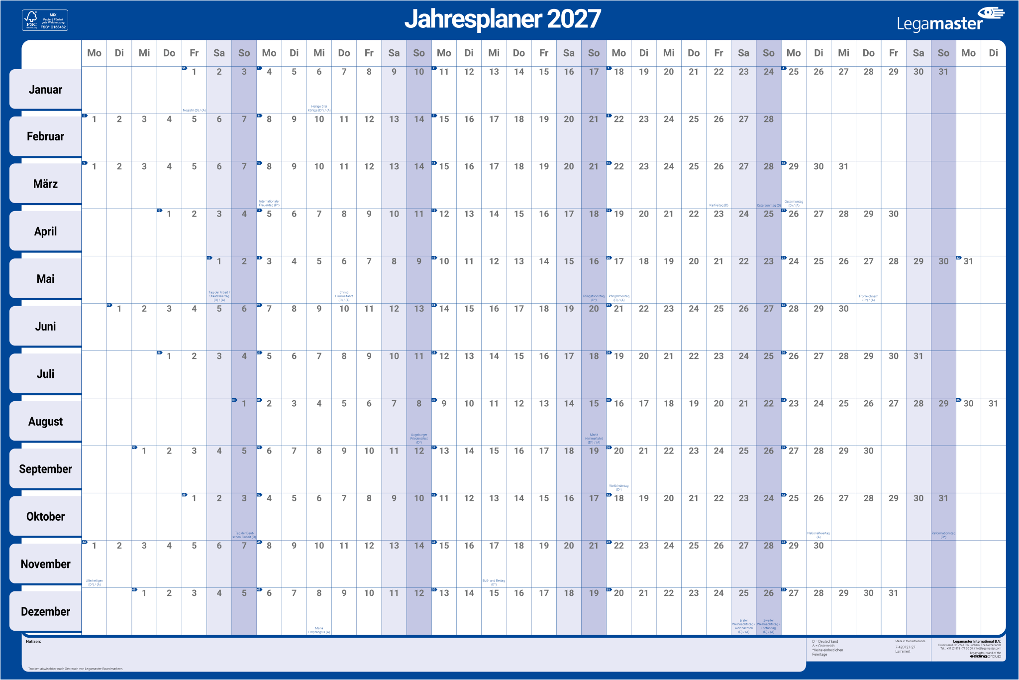 Jahresplaner Legamaster 420221 Karton 60x90cm gerollt folienkaschiert