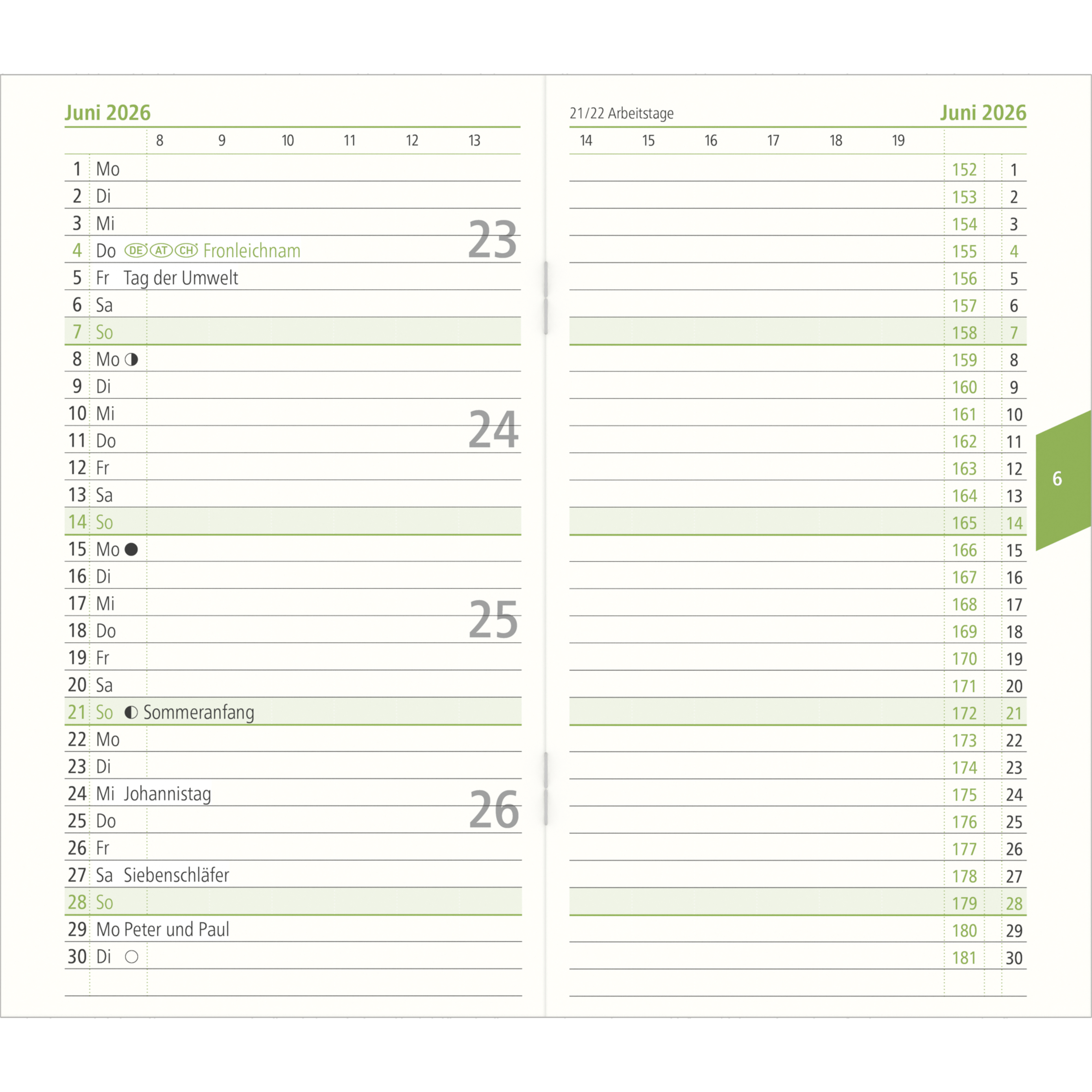 Taschenkalender ZETTLER 520 2 Seiten / 1 Monat grün