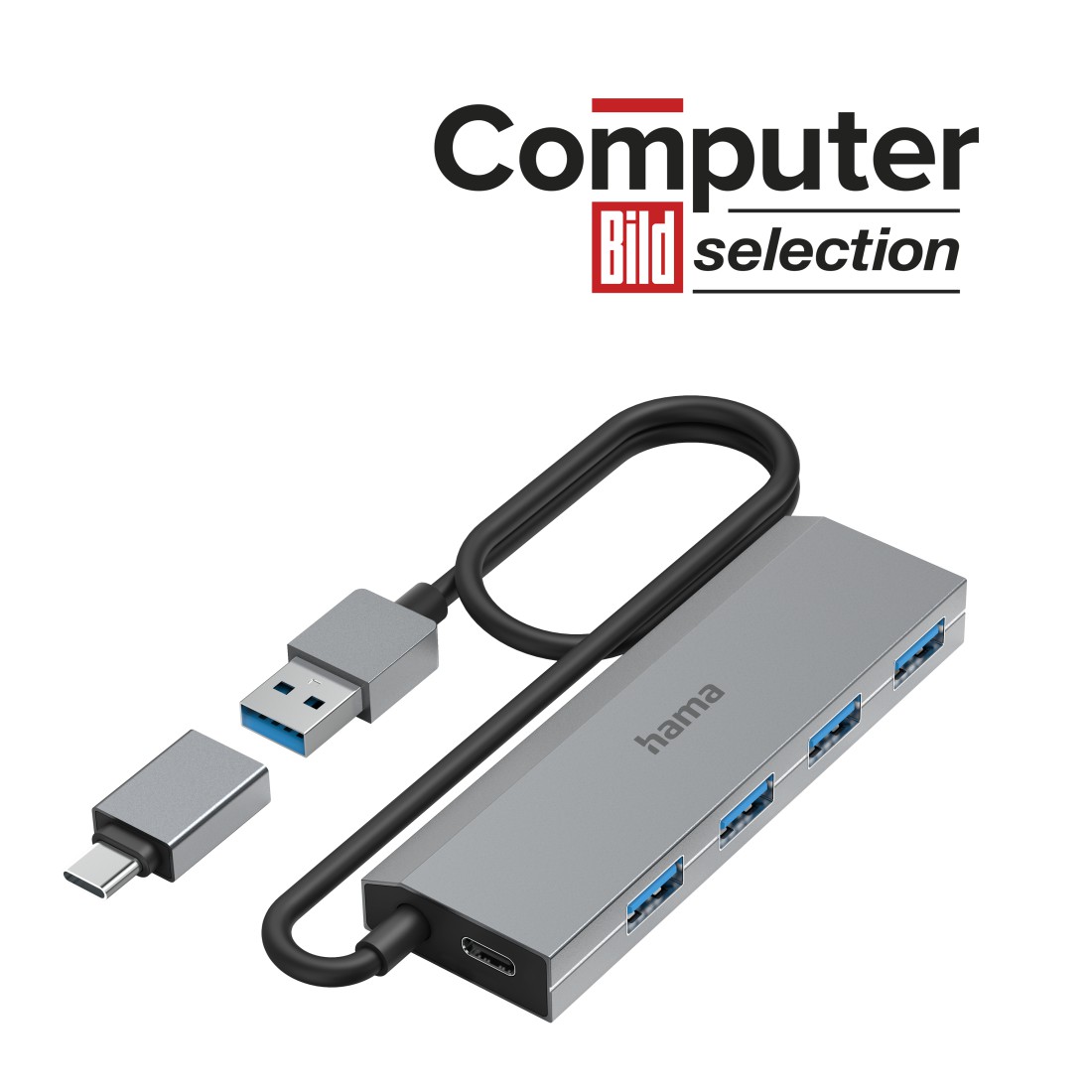 USB-Hub Hama 4 Ports, USB 3.2 Gen1 5 Gbit/s, inkl. USB-C-Adapter und Netzt.