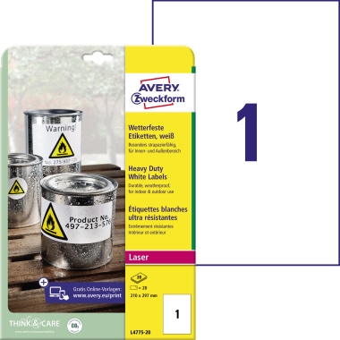 Etikett Avery Zweckform L4775-20 210x297mm weiß 20 St.