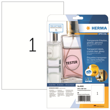 Etikett Herma 8020 210,0x297,0mm, transp Arent, Glasklar Folie Glänzend 25 Stück