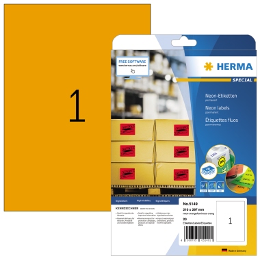 Etikett Herma 5149 210x297 mm neonorange Inkjet-, Laser- U. Kopier