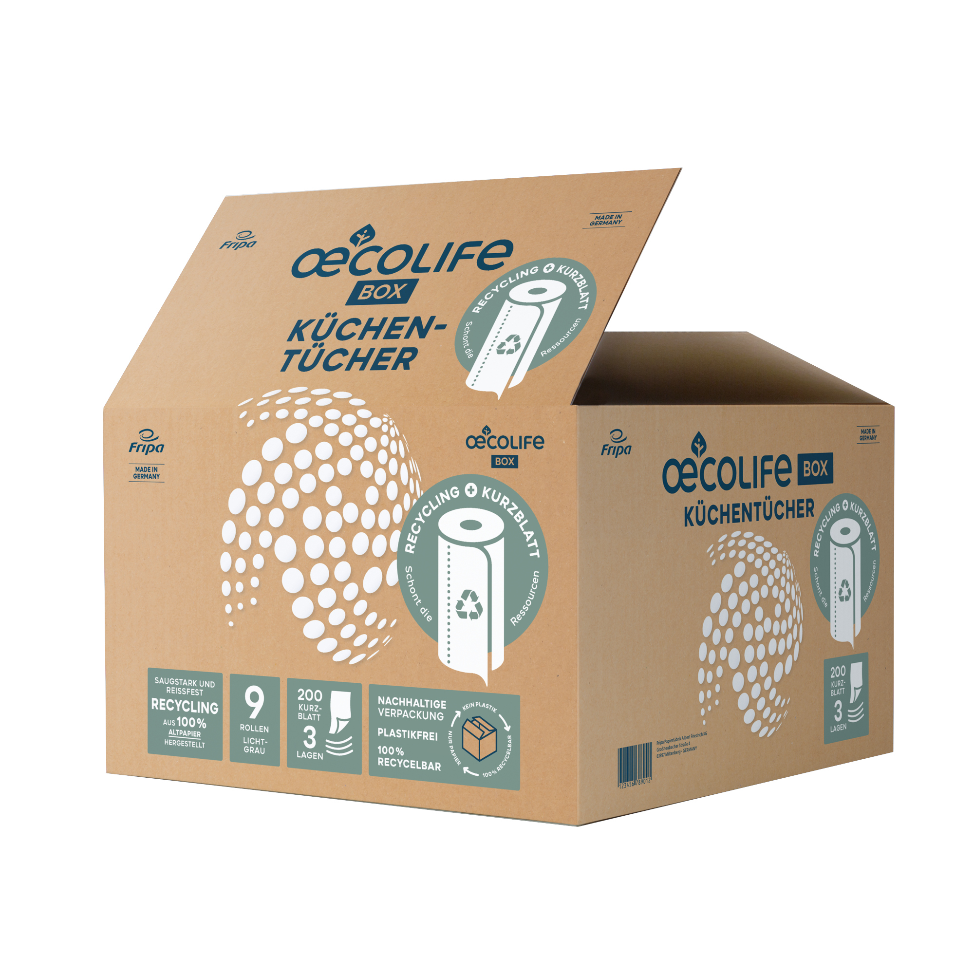 Küchenrolle Fripa OECOLIFE 3-lagig RC naturweiß 200 Blatt/Rolle 9 Rollen