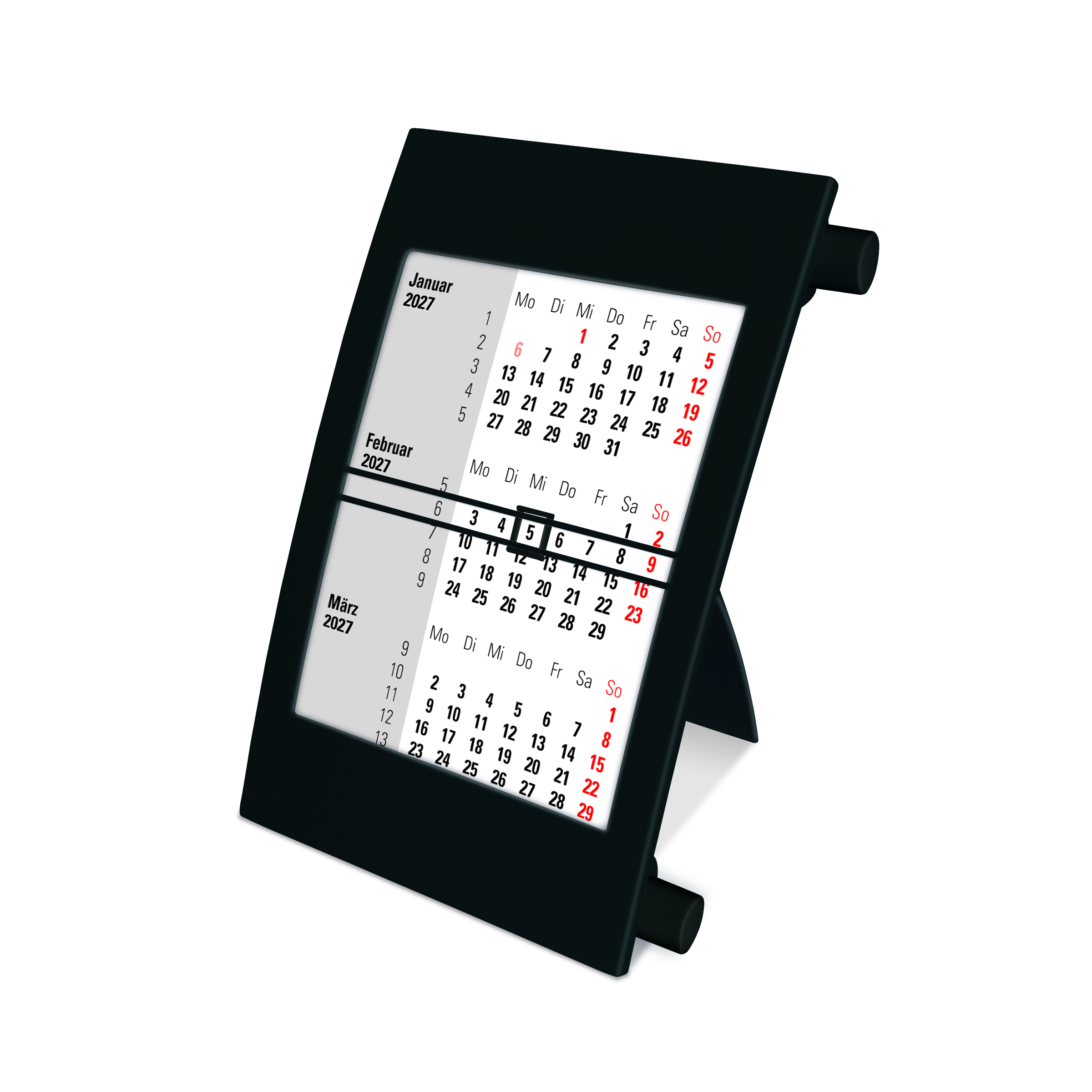 Dreimonatstischdrehkalender 2 Jahre schwarzes Gehäuse, schwarzer Drehknopf