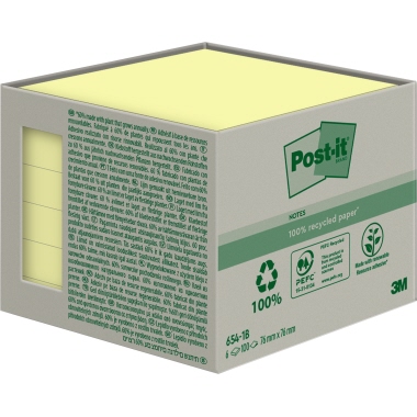 Haftnotiz Post-It 654-1B 76x76mm rec. Gelb Recycling Gelb