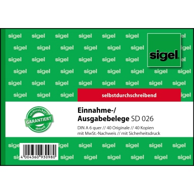 Einnahme-/Ausgabebeleg Sigel SD026 A6 Quer, 2x40 Blatt, Selbstdurchschreibend