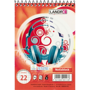 Spiralnotizblock LANDRÈ 100050193 A6 40 Blatt 70g/m2 kariert