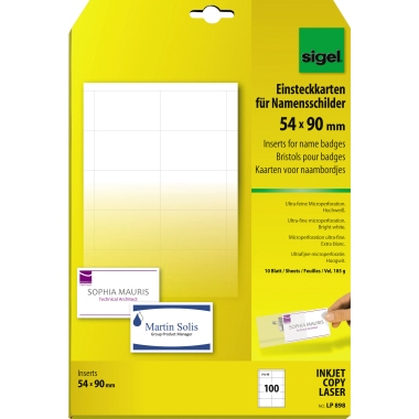 Einsteckkarte Namensschild Sigel LP898 54x90mm (a4) 185g