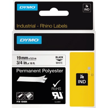 Schriftband Dymo 18484 19mmx5,5m Polyester, Schwarz Auf WEIß