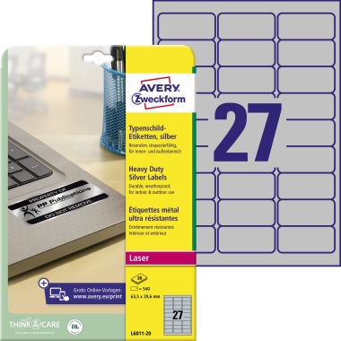 Etikett Avery Zweckform L6011-20 63,5x29,6mm silber 540 St.