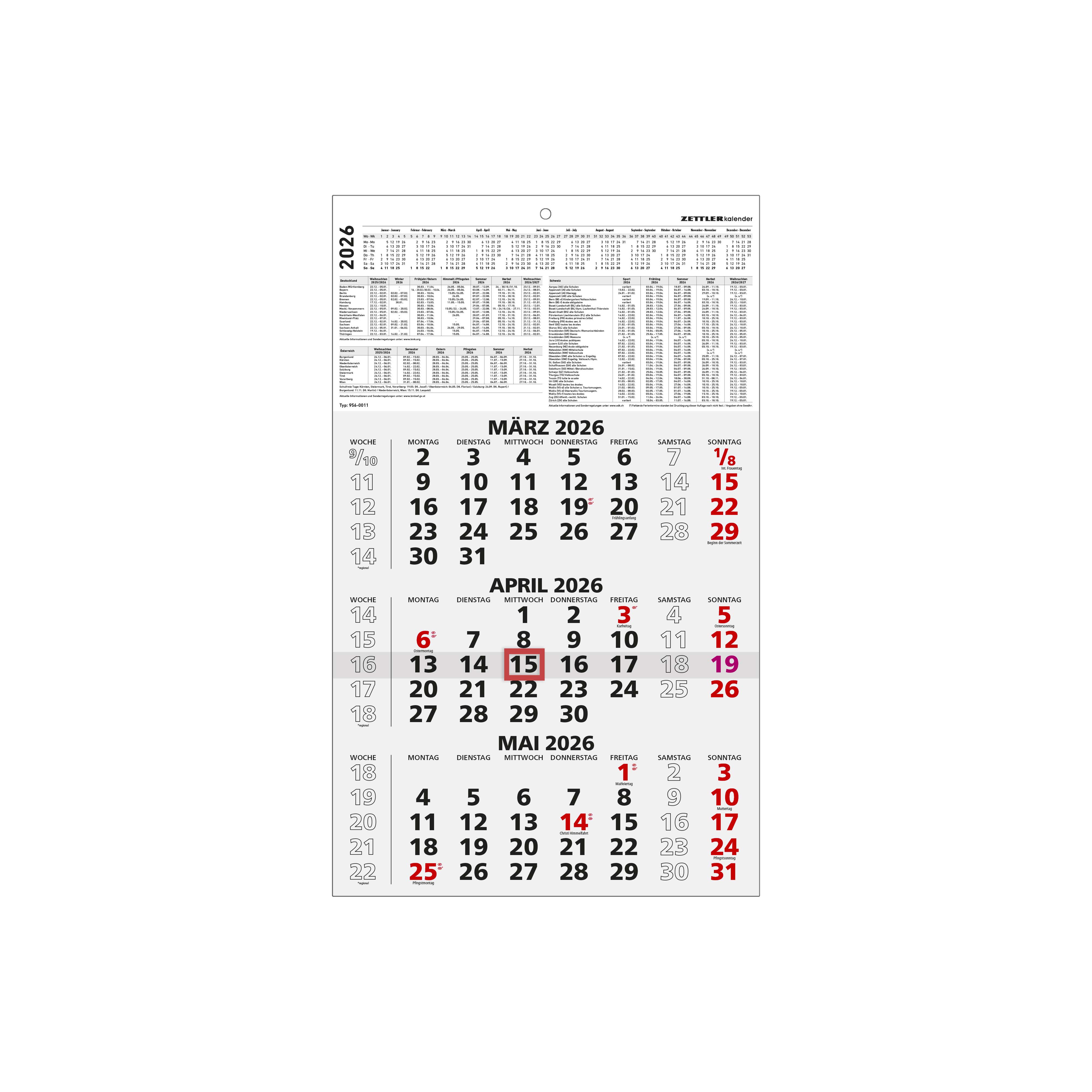 Dreimonatskalender Zettler 956 29,5X49CM einschließlich 15cm Kopftafel