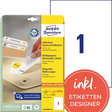 Etikett Avery Zweckform L4735REV-25 210x297mm weiß ablösbar 30 St.