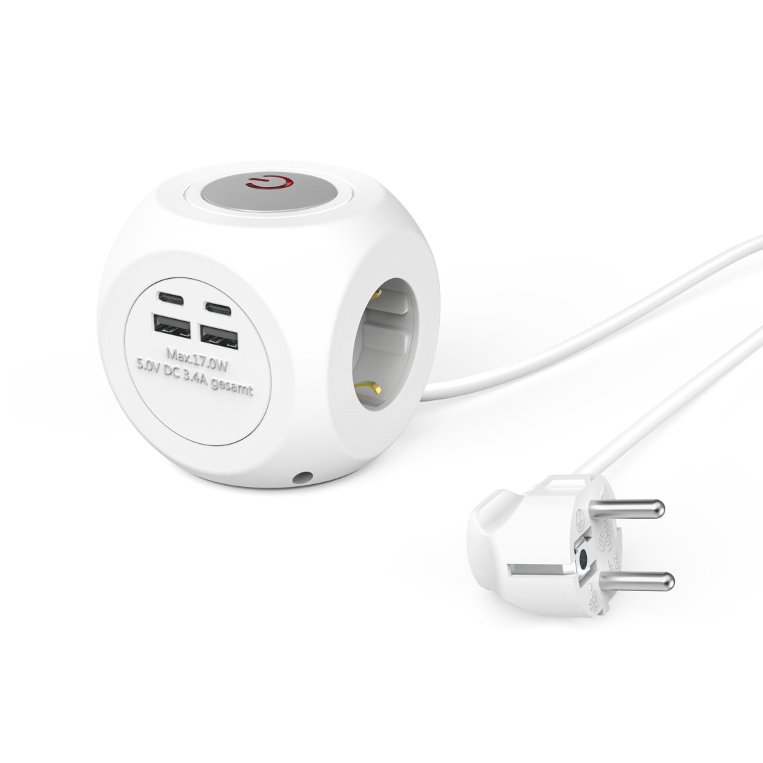 Steckdosenwürfel Hama 3-fach weiß 1,4M mit Schalter, Usb-c/a, 17 W