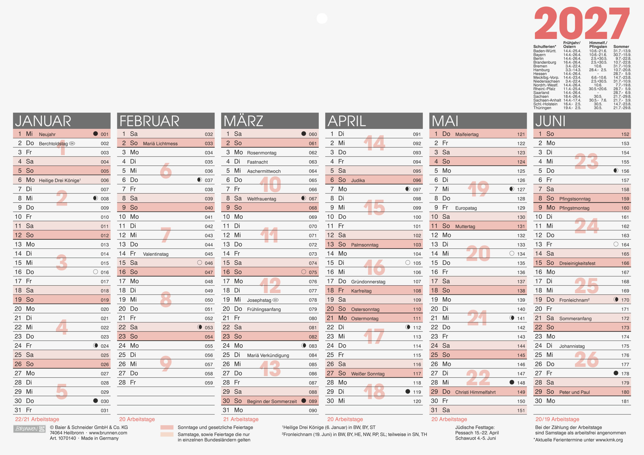 Tafelkalender A4 70140 1S/6M quer mit Tageszählung Und Ferienterminen, Kar