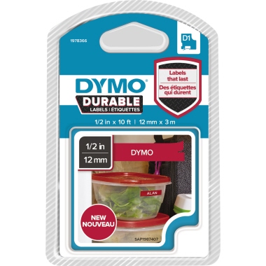 Schriftband Dymo 78366 weiß/rot 12mm X 3m Vinyl