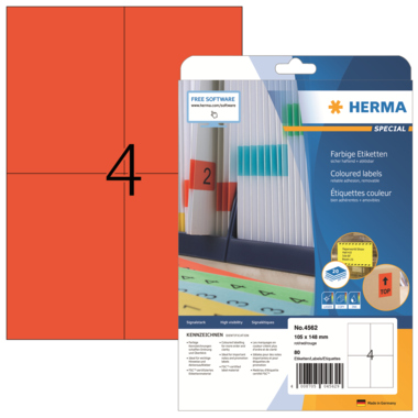 Etikett Herma 4562 105x148mm rot ABLÖSBAR, MATT, FÜR INKJET-, LASER- FARB