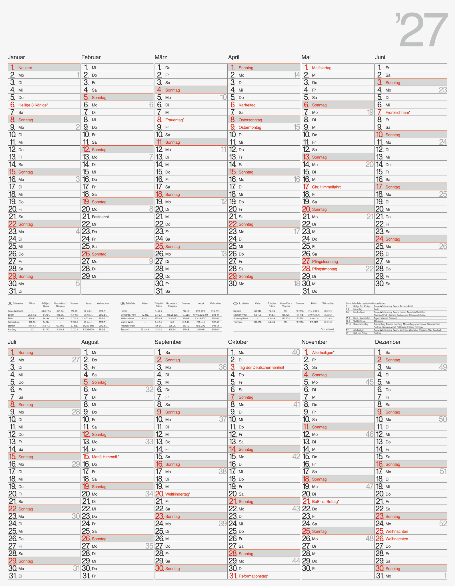 Plakatkalender rido 7033665 70 x 100 cm Vertikal 1 Seite= 12 Monate Schwarz/Rot