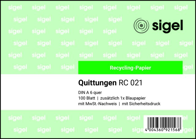 Quittungsbuch Sigel A6 RC21 100 Blatt MwSt-Nachweis Recycling quer