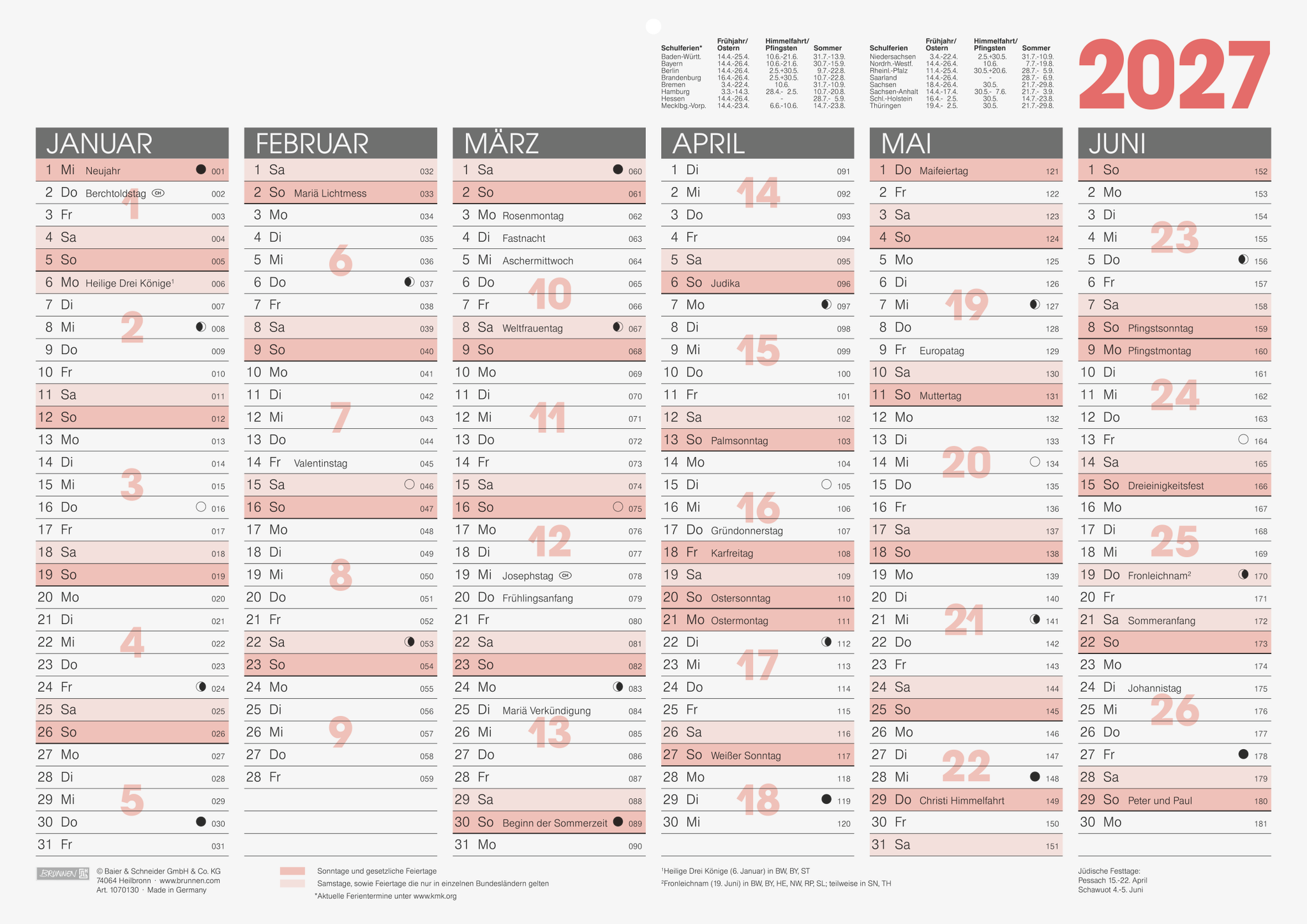 Tafelkalender Brunnen 1070130 A3 quer Karton, mit Tageszählung Und Ferientermi
