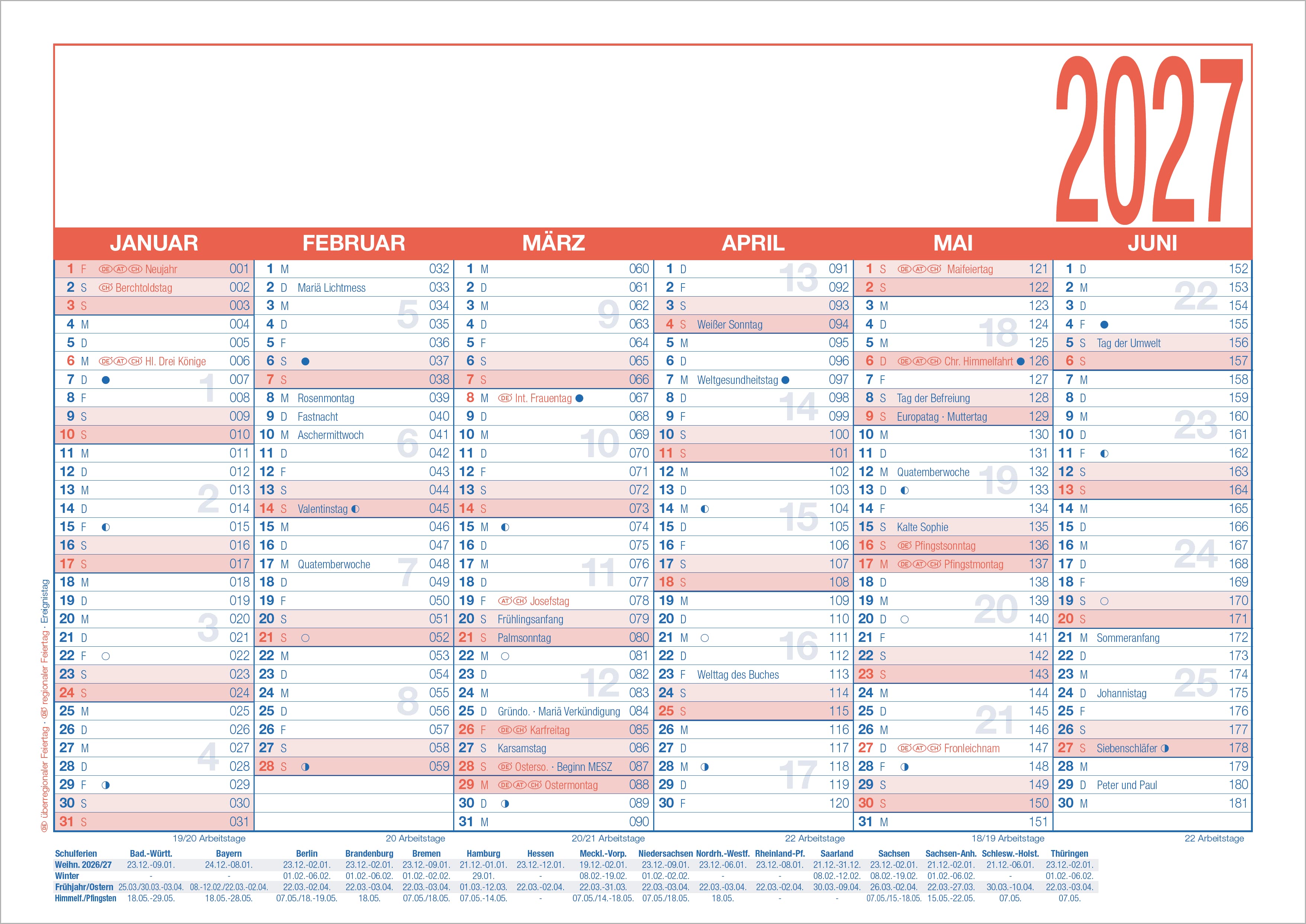Tafelkalender Zettler 908-1315 A4 1S/6M 29x21cm, Sonn-und Feiertage Hervorgehob