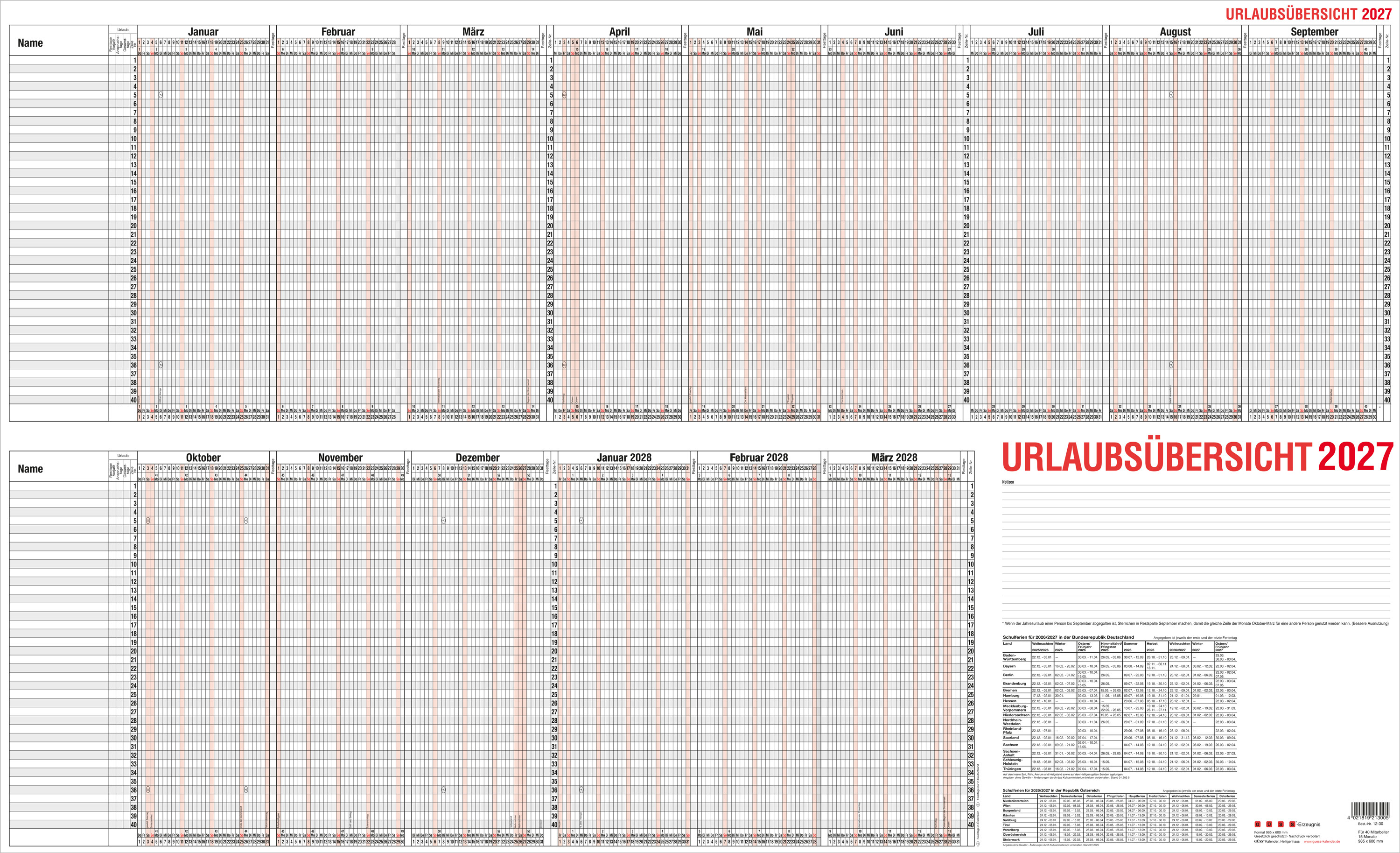 Urlaubsübersicht Güss 12-30 12-30 98,5x60 Quer, Für 40 Mitarbeiter