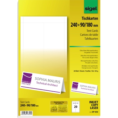 Tischkarte Sigel DP050 weiß 240x90mm, 185g