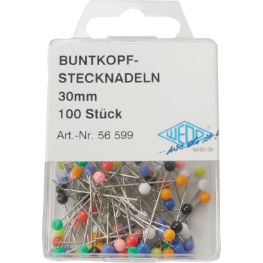 Stecknadeln Wedo 56599 farbig sortiert 30mm Lang, Kopf-ø 3mm