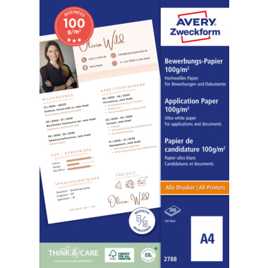 Bewerbungspapier Avery 2788 A4 100g weiß 