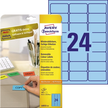 Etikett Avery Zweckform L6032-20 63,5x33,9mm blau ablösbar 480 St.