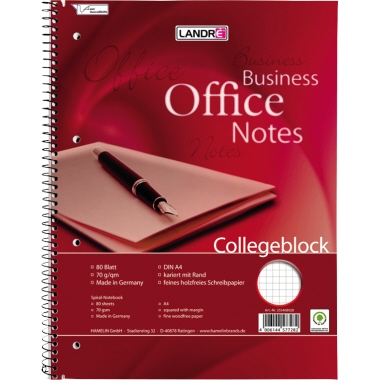 Collegeblock Landré 100050247 A4+ kariert mit Rand links 80 Blatt 70g/m² 